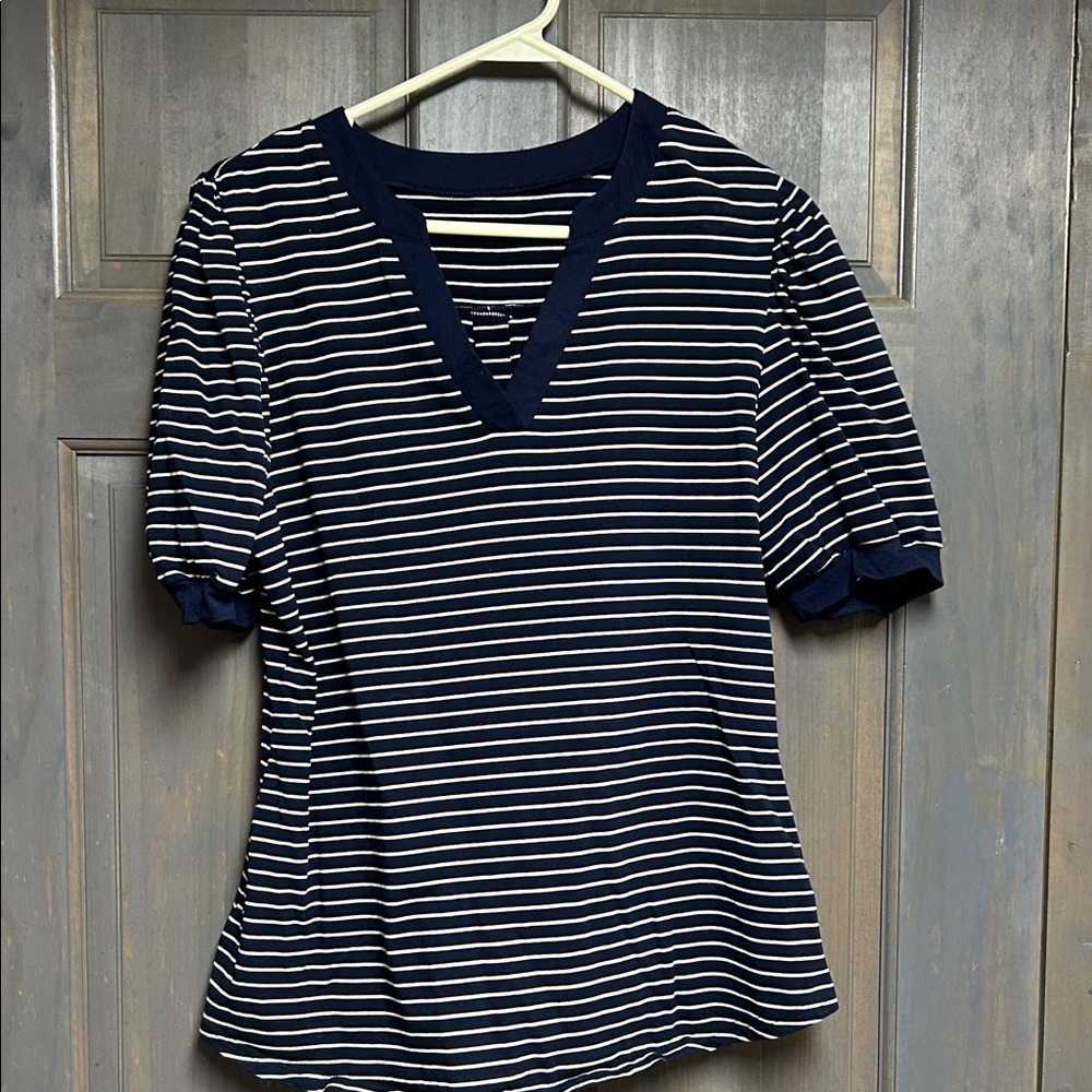 Navy Striped V-Neck Women's Top